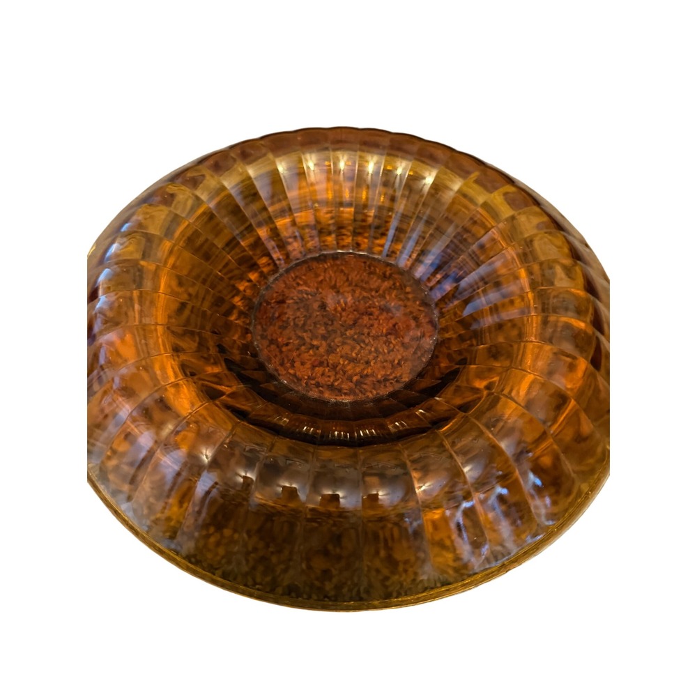 Vintage Amber Glass Dish Mid Century Modern Ribbed Fluted Round Trinket Dish